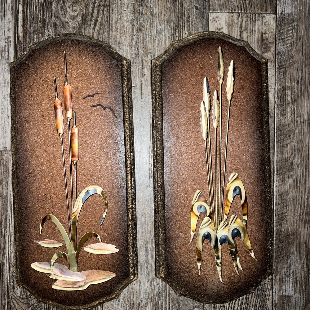 2 Vintage Mid Century Modern Wall Decor Cattail Reeds Copper Brass Color 1970s